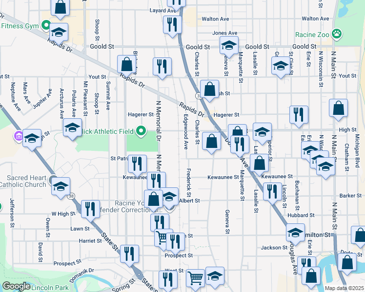 map of restaurants, bars, coffee shops, grocery stores, and more near 1612 Edgewood Avenue in Racine