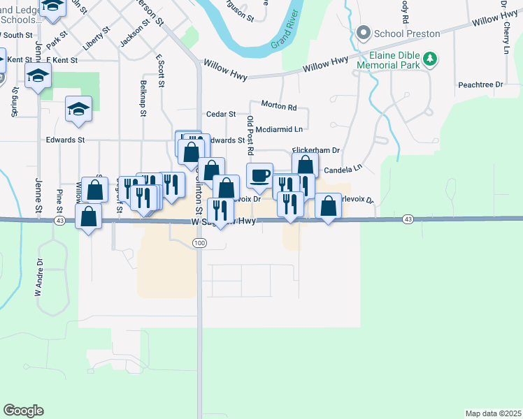 map of restaurants, bars, coffee shops, grocery stores, and more near 900 Charlevoix Drive in Grand Ledge