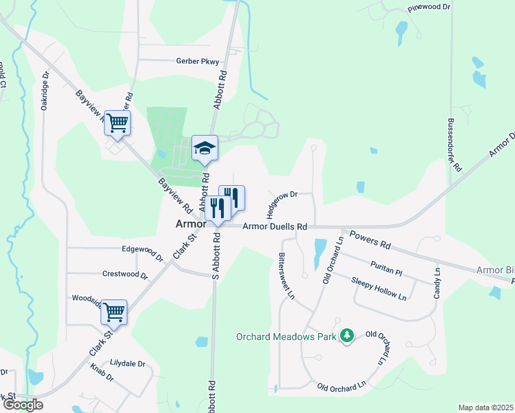 map of restaurants, bars, coffee shops, grocery stores, and more near 70 Hedgerow Drive in Orchard Park