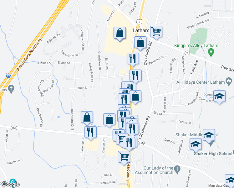map of restaurants, bars, coffee shops, grocery stores, and more near 50 Macarthur Road in Latham
