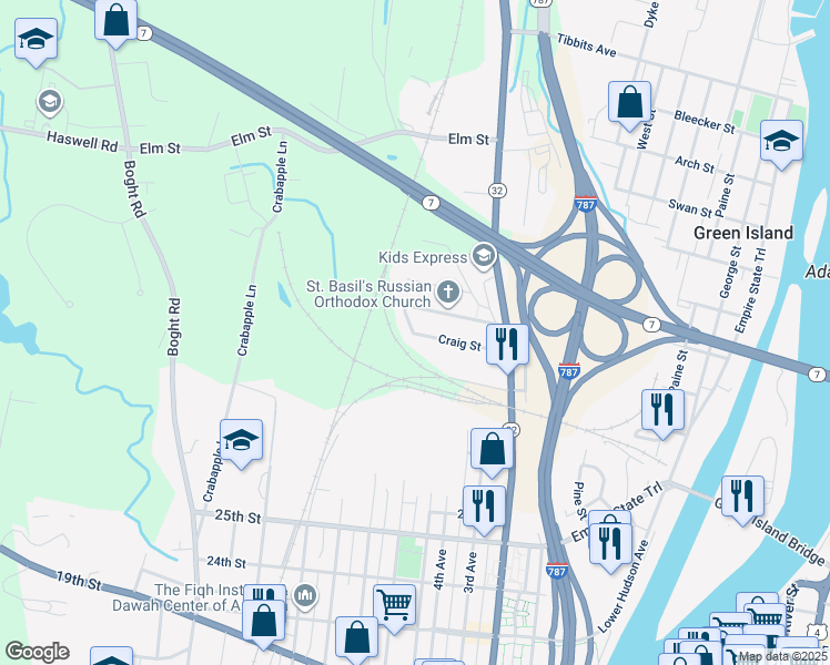 map of restaurants, bars, coffee shops, grocery stores, and more near 99 Craig Street in Watervliet