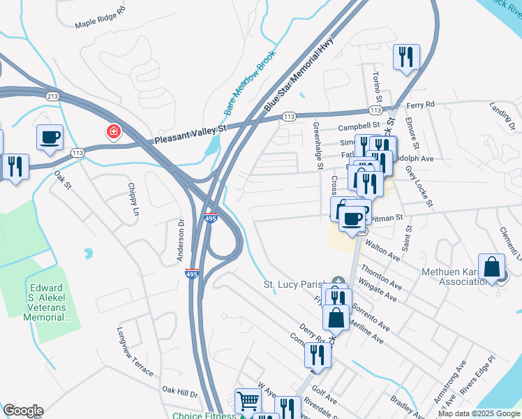 map of restaurants, bars, coffee shops, grocery stores, and more near 40 Russell Street in Methuen