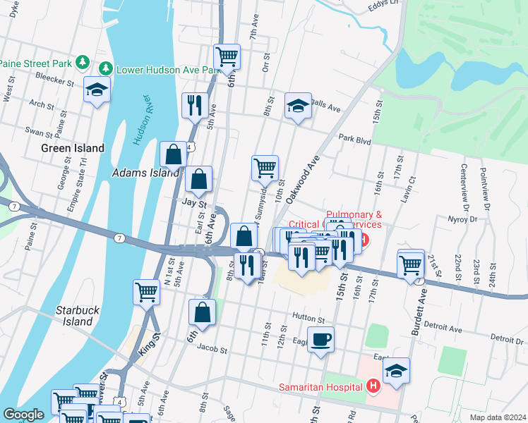map of restaurants, bars, coffee shops, grocery stores, and more near 268 9th Street in Troy