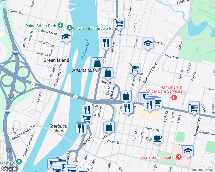 map of restaurants, bars, coffee shops, grocery stores, and more near 2513 5th Avenue in Troy