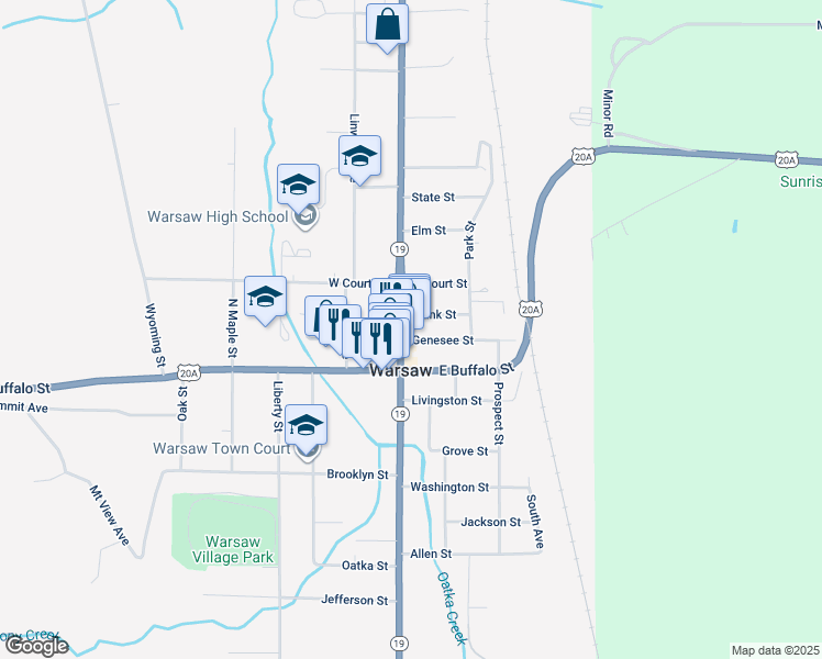 map of restaurants, bars, coffee shops, grocery stores, and more near 12 Genesee Street in Warsaw