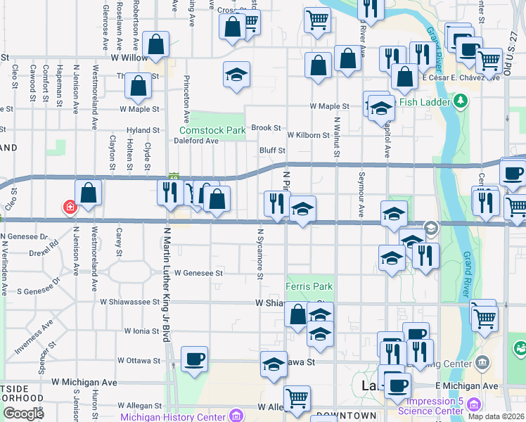 map of restaurants, bars, coffee shops, grocery stores, and more near 620 West Saginaw Street in Lansing