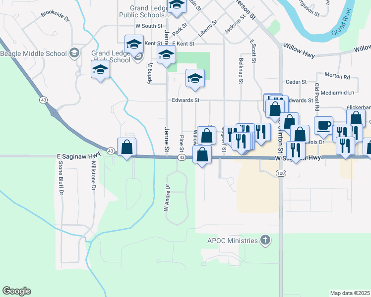 map of restaurants, bars, coffee shops, grocery stores, and more near 125 East Saginaw Highway in Grand Ledge