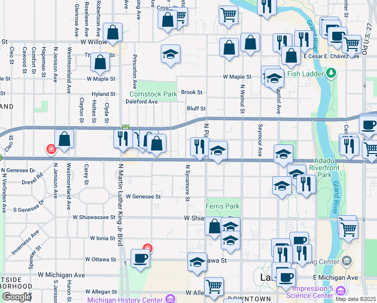 map of restaurants, bars, coffee shops, grocery stores, and more near 620 West Saginaw Street in Lansing