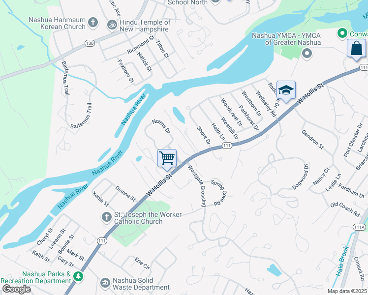 map of restaurants, bars, coffee shops, grocery stores, and more near 4 Lowther Place in Nashua