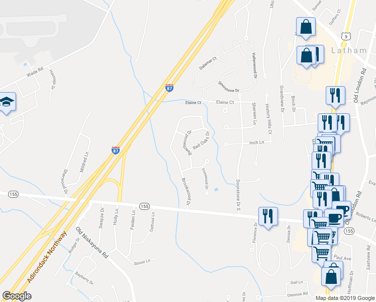 map of restaurants, bars, coffee shops, grocery stores, and more near 5 Beechwood Drive in Latham