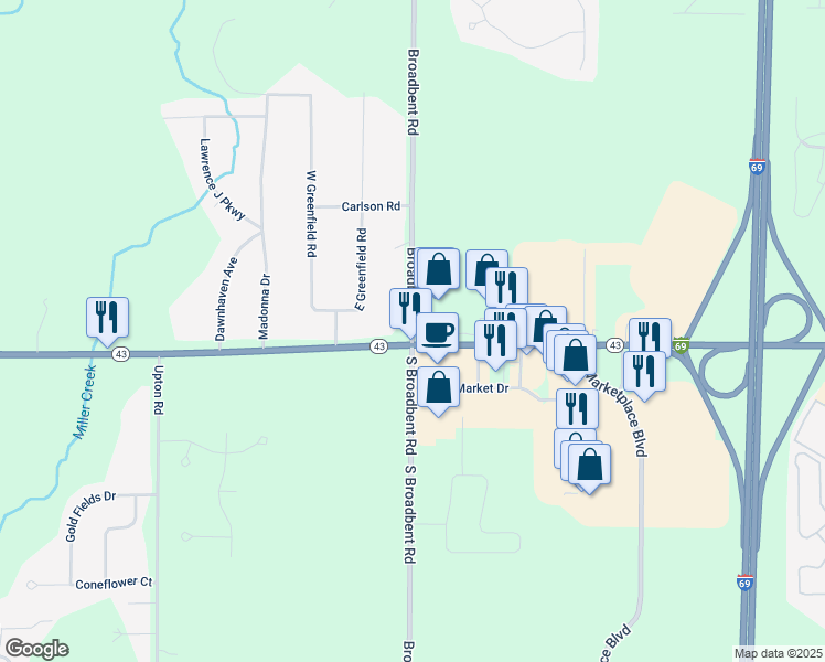 map of restaurants, bars, coffee shops, grocery stores, and more near 12028 Broadbent Road in Lansing