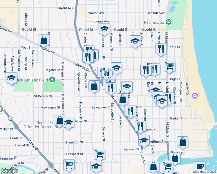 map of restaurants, bars, coffee shops, grocery stores, and more near 1623 Douglas Avenue in Racine