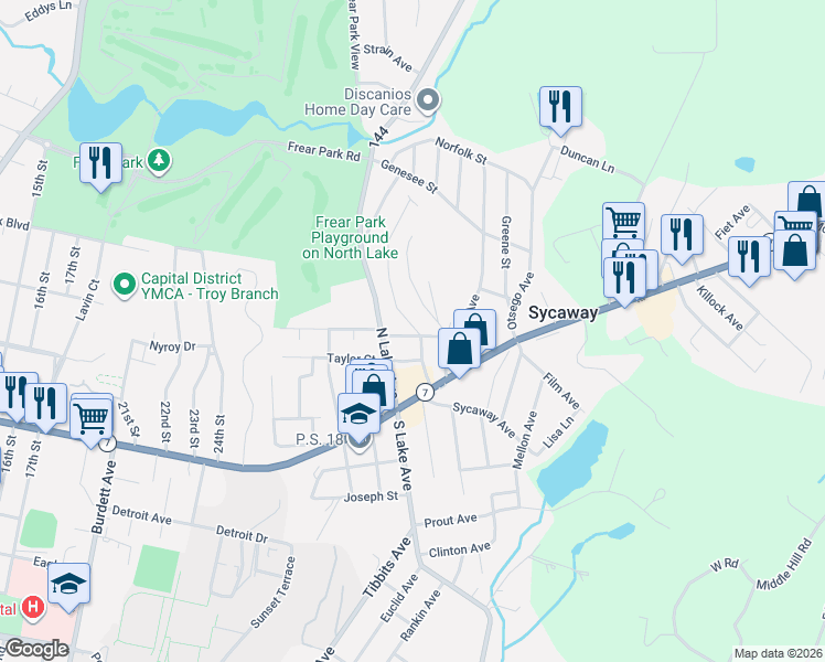 map of restaurants, bars, coffee shops, grocery stores, and more near 2 Putnam Street in Troy