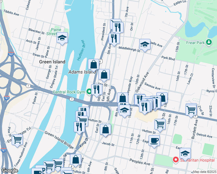 map of restaurants, bars, coffee shops, grocery stores, and more near 2525 6th Avenue in Troy