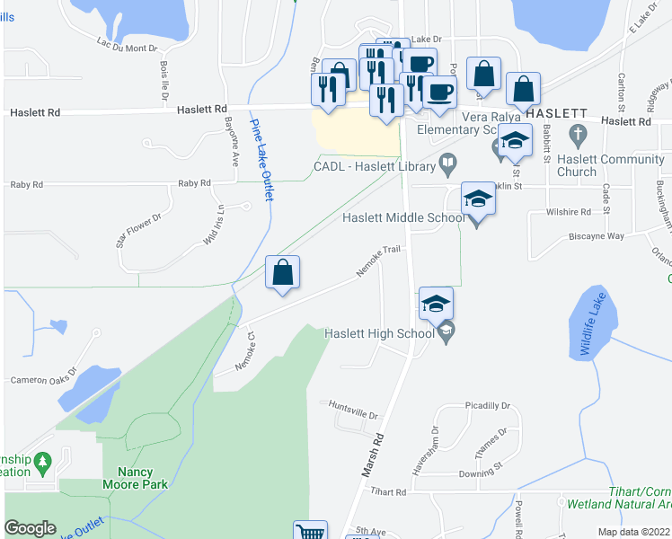 map of restaurants, bars, coffee shops, grocery stores, and more near 1730 Nemoke Trail in Meridian charter Township