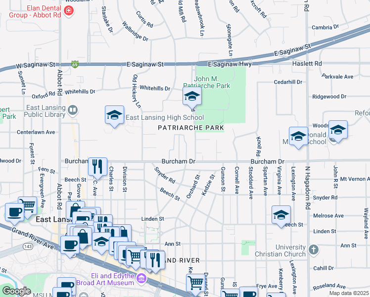 map of restaurants, bars, coffee shops, grocery stores, and more near 722 Alton Road in East Lansing