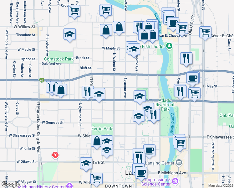 map of restaurants, bars, coffee shops, grocery stores, and more near 322 West Saginaw Street in Lansing