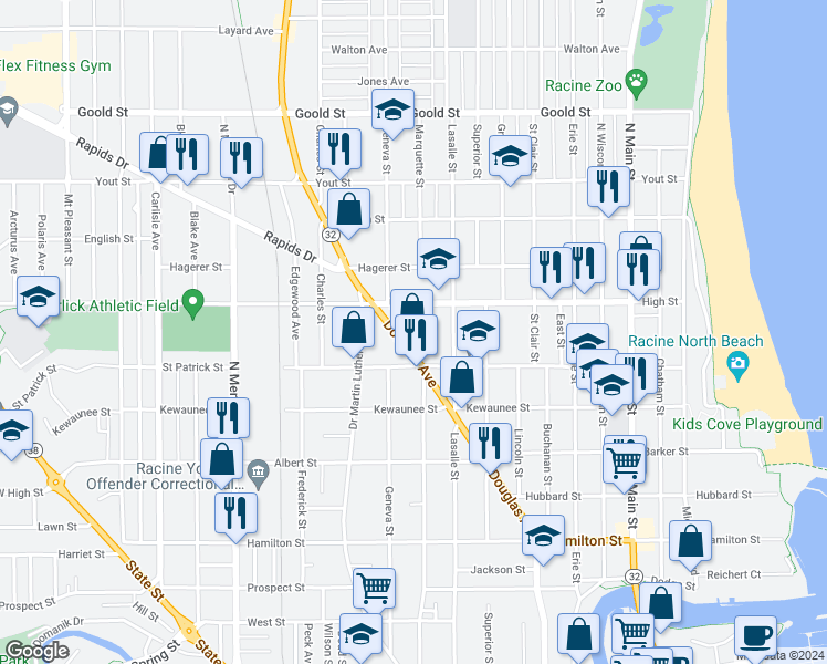 map of restaurants, bars, coffee shops, grocery stores, and more near 1623 Douglas Avenue in Racine