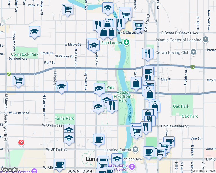 map of restaurants, bars, coffee shops, grocery stores, and more near 720 North Washington Avenue in Lansing