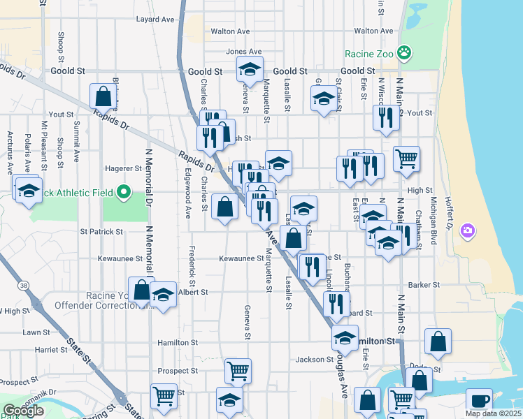 map of restaurants, bars, coffee shops, grocery stores, and more near 1639 Douglas Avenue in Racine