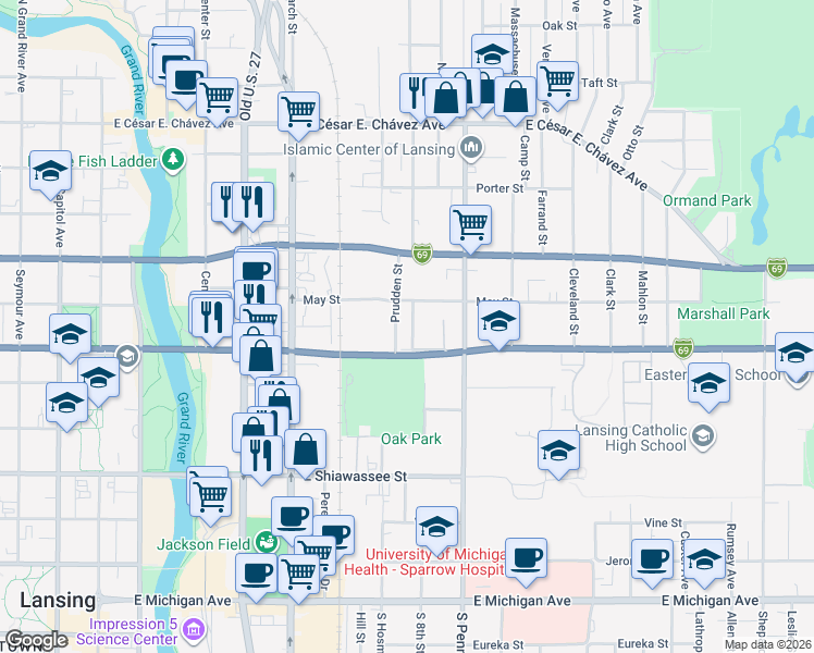 map of restaurants, bars, coffee shops, grocery stores, and more near 721 Park Terrace in Lansing