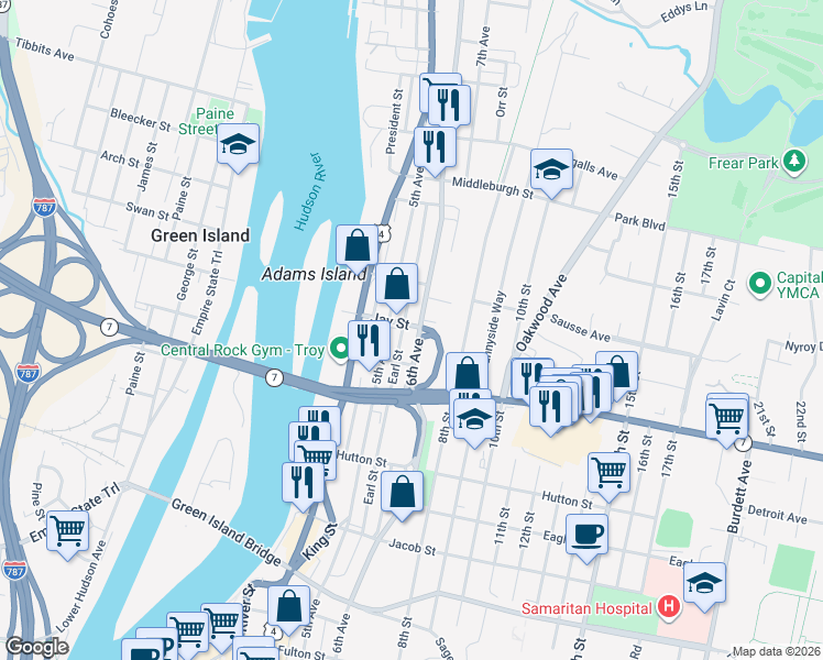 map of restaurants, bars, coffee shops, grocery stores, and more near 75 Jay Street in Troy