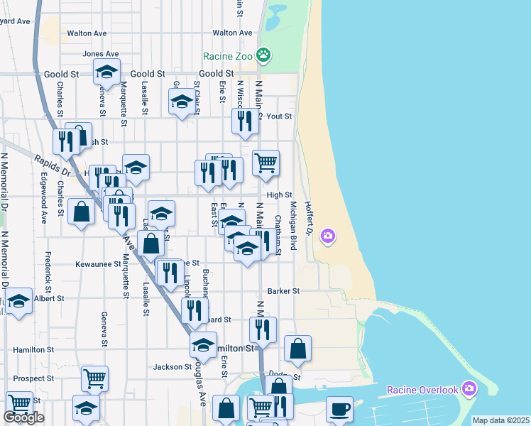 map of restaurants, bars, coffee shops, grocery stores, and more near 1637 North Main Street in Racine