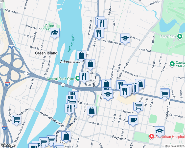map of restaurants, bars, coffee shops, grocery stores, and more near 71 Jay Street in Troy