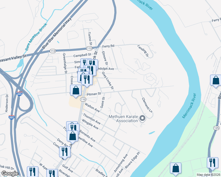 map of restaurants, bars, coffee shops, grocery stores, and more near 89 Pitman Street in Methuen