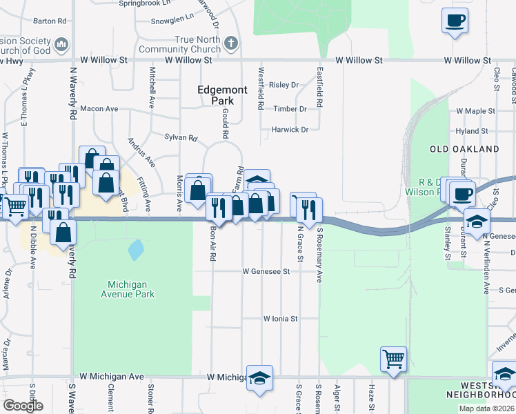 map of restaurants, bars, coffee shops, grocery stores, and more near 3100 West Saginaw Street in Lansing