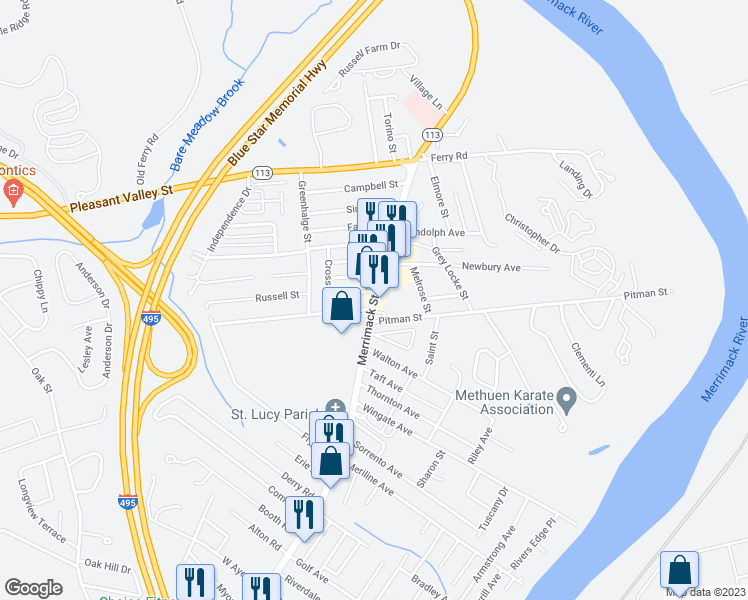 map of restaurants, bars, coffee shops, grocery stores, and more near 298 Merrimack Street in Methuen