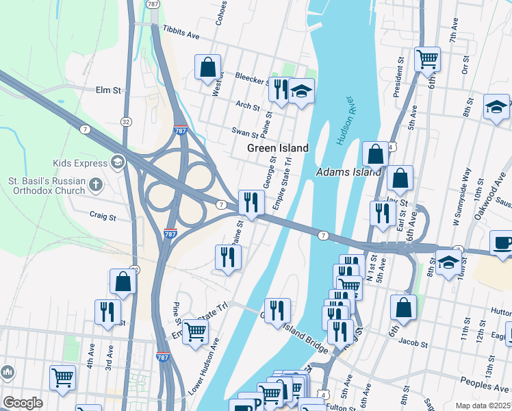 map of restaurants, bars, coffee shops, grocery stores, and more near 58 Paine Street in Troy