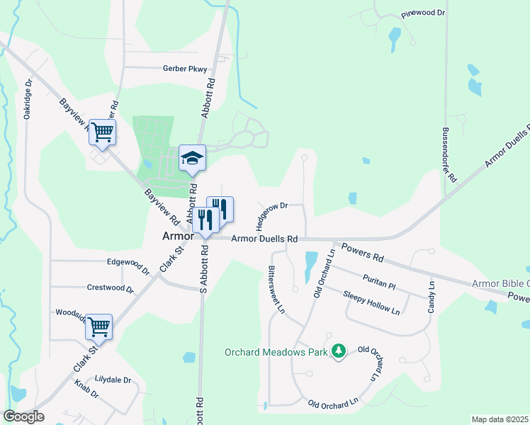 map of restaurants, bars, coffee shops, grocery stores, and more near 25 Hedgerow Drive in Orchard Park