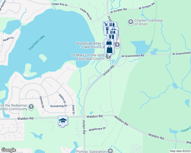 map of restaurants, bars, coffee shops, grocery stores, and more near 2783 Lochmoor Boulevard in Orion charter Township