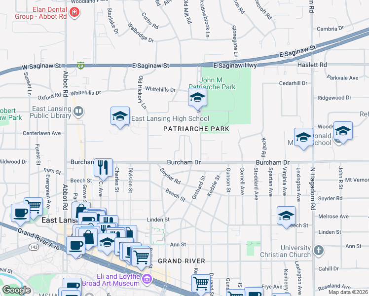 map of restaurants, bars, coffee shops, grocery stores, and more near 735b Burcham Drive in East Lansing