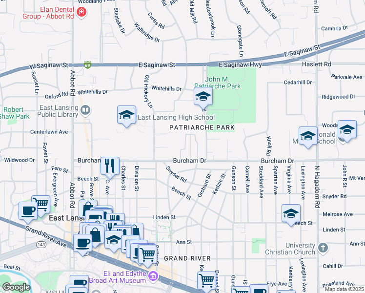 map of restaurants, bars, coffee shops, grocery stores, and more near 735b Burcham Drive in East Lansing