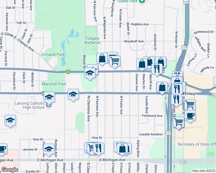 map of restaurants, bars, coffee shops, grocery stores, and more near 703 North Hayford Avenue in Lansing