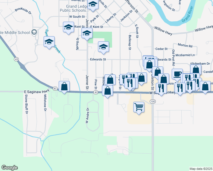 map of restaurants, bars, coffee shops, grocery stores, and more near 235 East Saginaw Highway in Grand Ledge