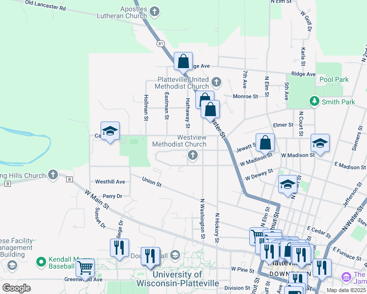 map of restaurants, bars, coffee shops, grocery stores, and more near 680 Hathaway Street in Platteville