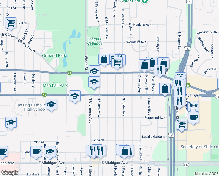 map of restaurants, bars, coffee shops, grocery stores, and more near 703 North Hayford Avenue in Lansing