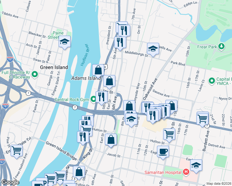 map of restaurants, bars, coffee shops, grocery stores, and more near 6th Ave & Jay St in Troy