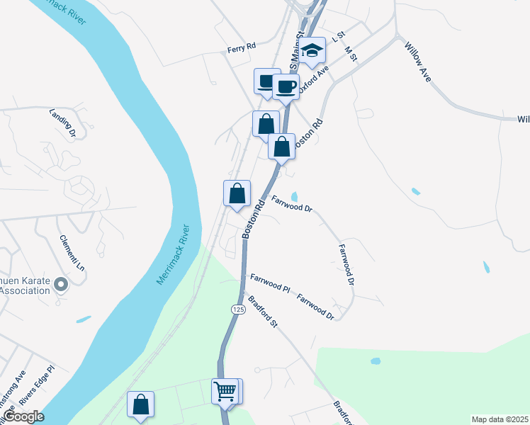 map of restaurants, bars, coffee shops, grocery stores, and more near 1240 Boston Road in Haverhill