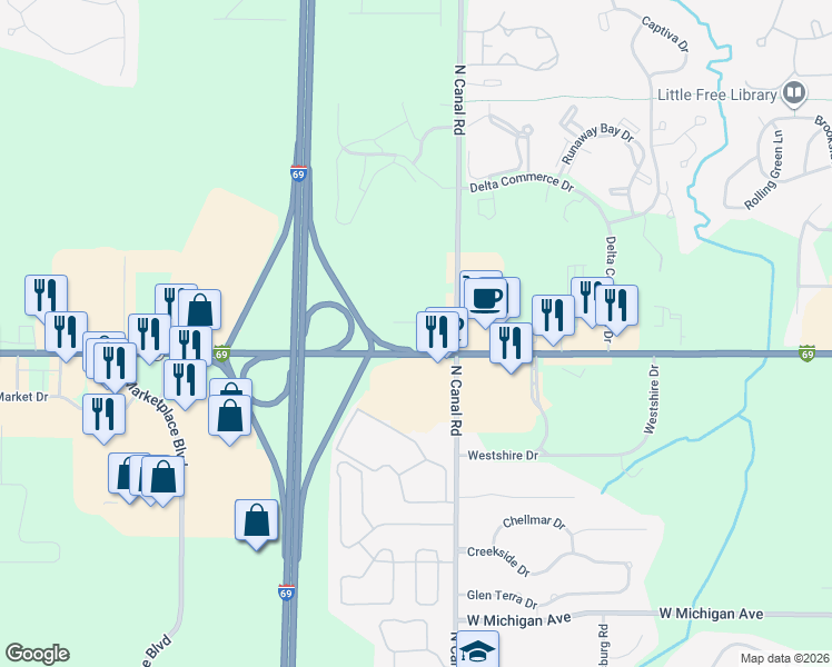 map of restaurants, bars, coffee shops, grocery stores, and more near 7710 West Saginaw Highway in Lansing