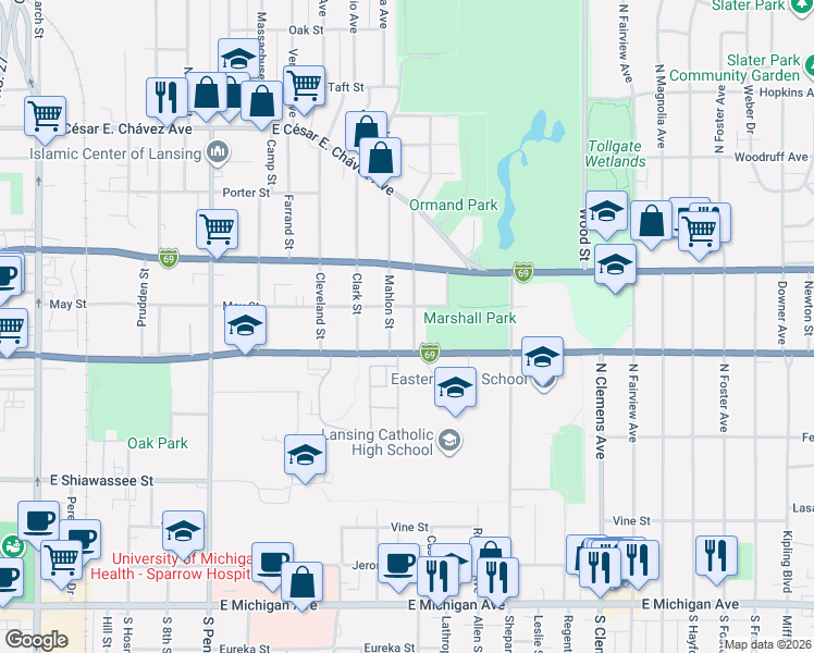 map of restaurants, bars, coffee shops, grocery stores, and more near 721 Maryland Avenue in Lansing