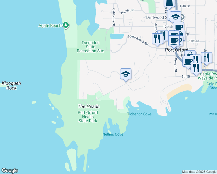 map of restaurants, bars, coffee shops, grocery stores, and more near 263 Port Orford Highway in Port Orford