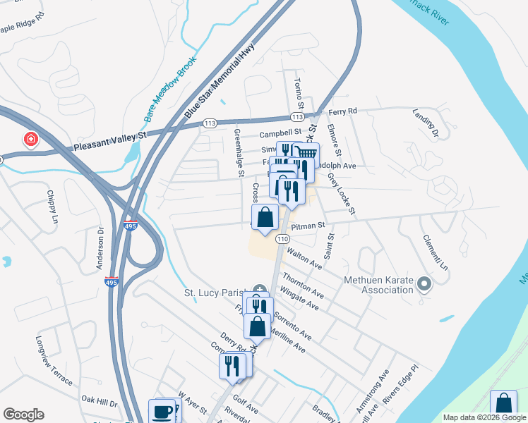 map of restaurants, bars, coffee shops, grocery stores, and more near 14 Arcadia Street in Methuen