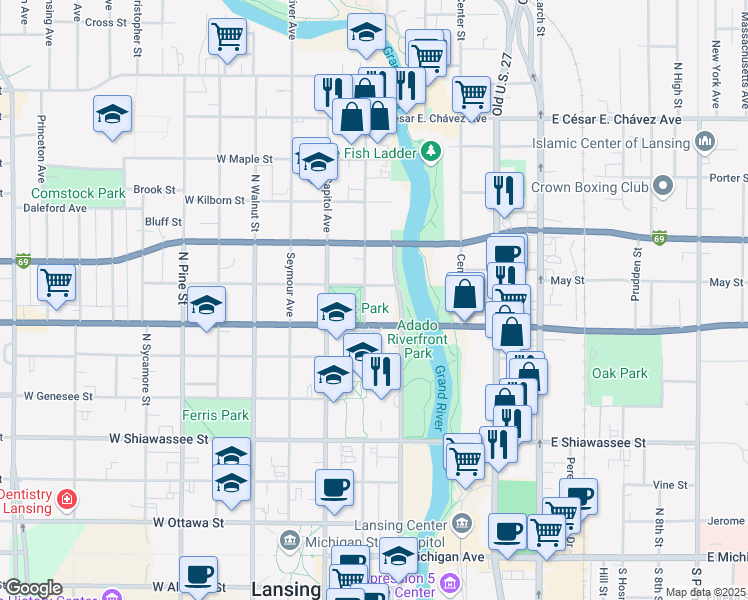 map of restaurants, bars, coffee shops, grocery stores, and more near 720 North Washington Avenue in Lansing