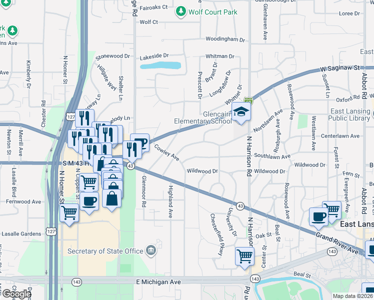 map of restaurants, bars, coffee shops, grocery stores, and more near 736 Cowley Avenue in East Lansing