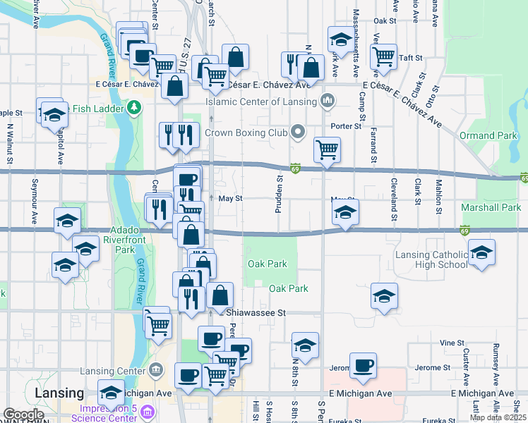 map of restaurants, bars, coffee shops, grocery stores, and more near 707 Prudden Street in Lansing