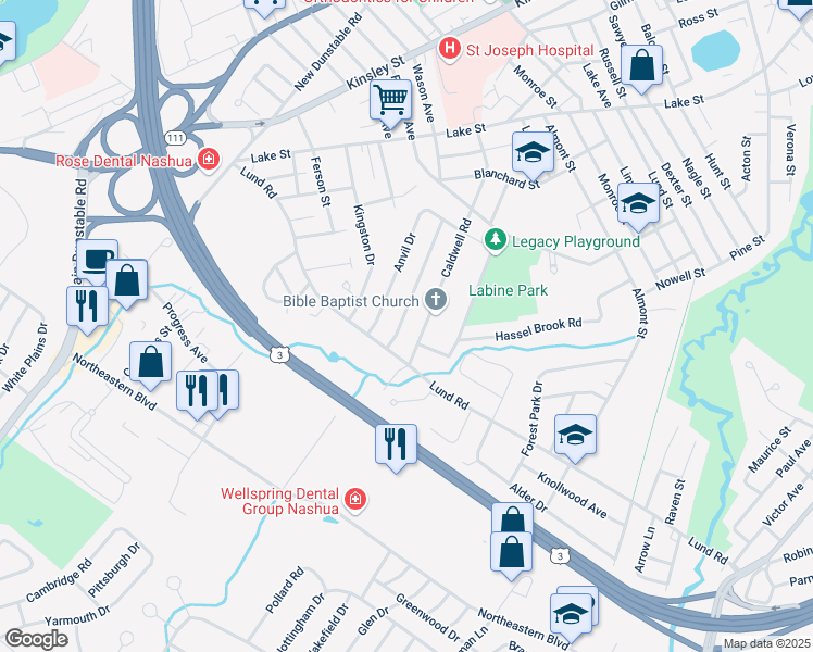 map of restaurants, bars, coffee shops, grocery stores, and more near 77 Caldwell Road in Nashua